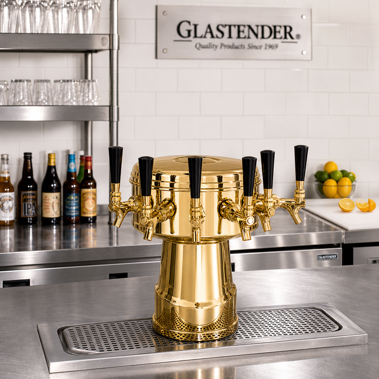 Product image #2 for Glastender 5-Faucet Mushroom Draft Dispensing Tower, Polished Brass, Air Cooled, Countertop Mount