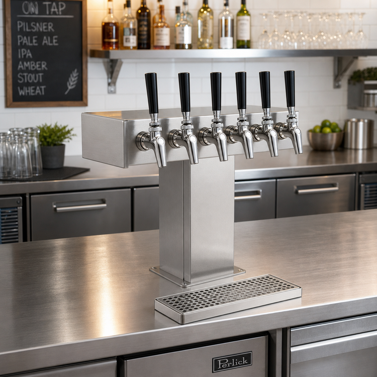 Product image #2 for Perlick 6-Faucet Countertop Glycol-Cooled Tee Draft Beer Tower, Stainless Steel
