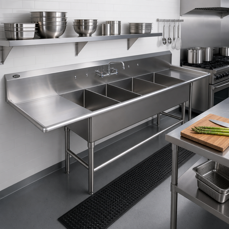 Product image #2 for John Boos Pro-Bowl 4-Compartment Sink with Left and Right Drainboards, 18 x 24 x 12 Inch Bowls