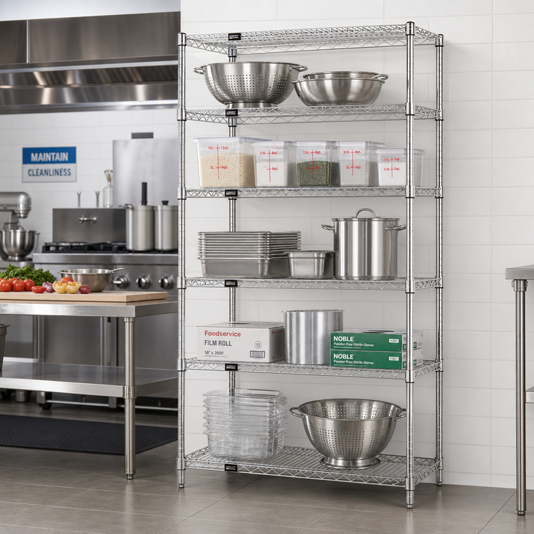 Product image #2 for Quantum 60"W x 12"D x 74"H Stationary Wire Shelving Starter Kit, 5 Shelves, 304 Stainless Steel