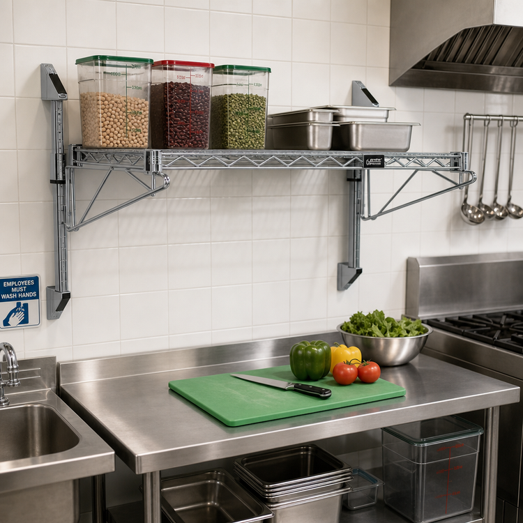 Product image #2 for Quantum Cantilever Single-Shelf Wall-Mount Wire Shelving Unit, 48 x 24 Inches, Gray Epoxy Antimicrobial Finish