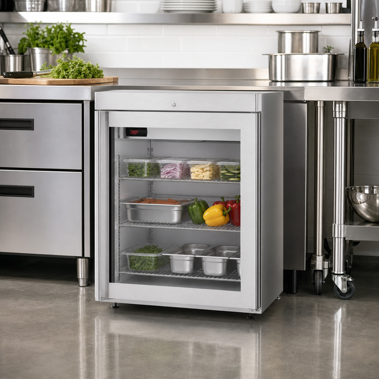 Product image #2 for Hoshizaki Compact 24-Inch Undercounter Glass Door Reach-In Refrigerator, 3.87 Cu. Ft., Self-Contained Rear-Mounted, Stainless Steel