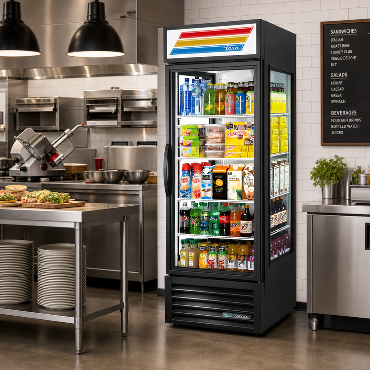 Product image #2 for True 1-Section Glass End Merchandiser Refrigerator with Hinged Door, Black
