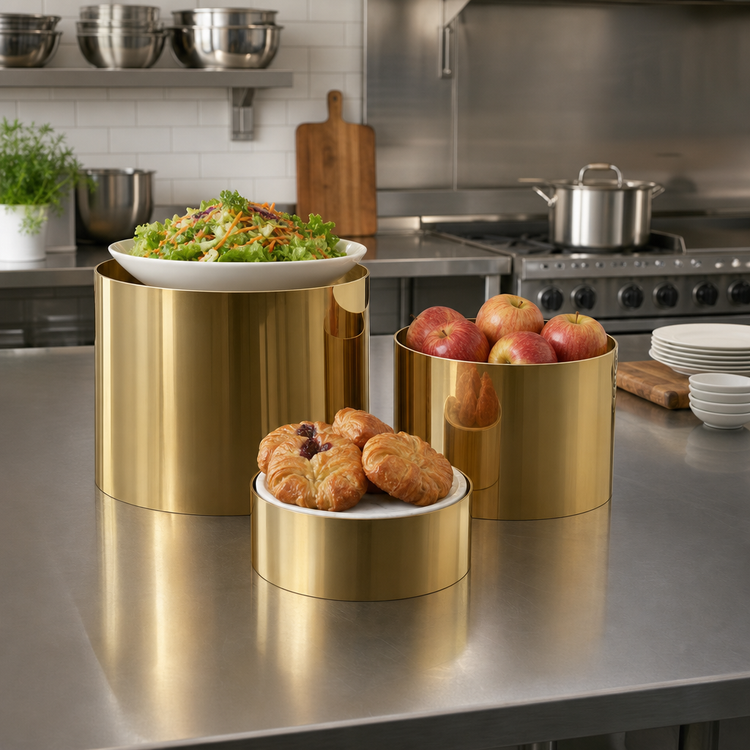 Product image #2 for American Metalcraft Geo 3-Piece Round Gold Stainless Steel Buffet Riser Set