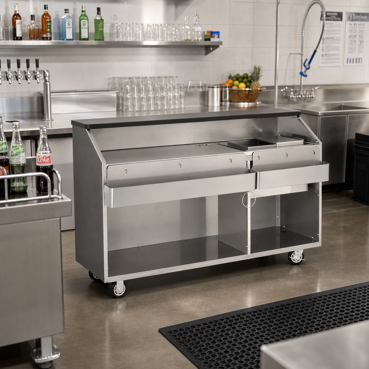 Product image #2 for FWE BBC-6 Portable Post-Mix/Bag-in-Box Beverage Bar with 50 Lb Ice Bin, Laminate Exterior, 72 Inch