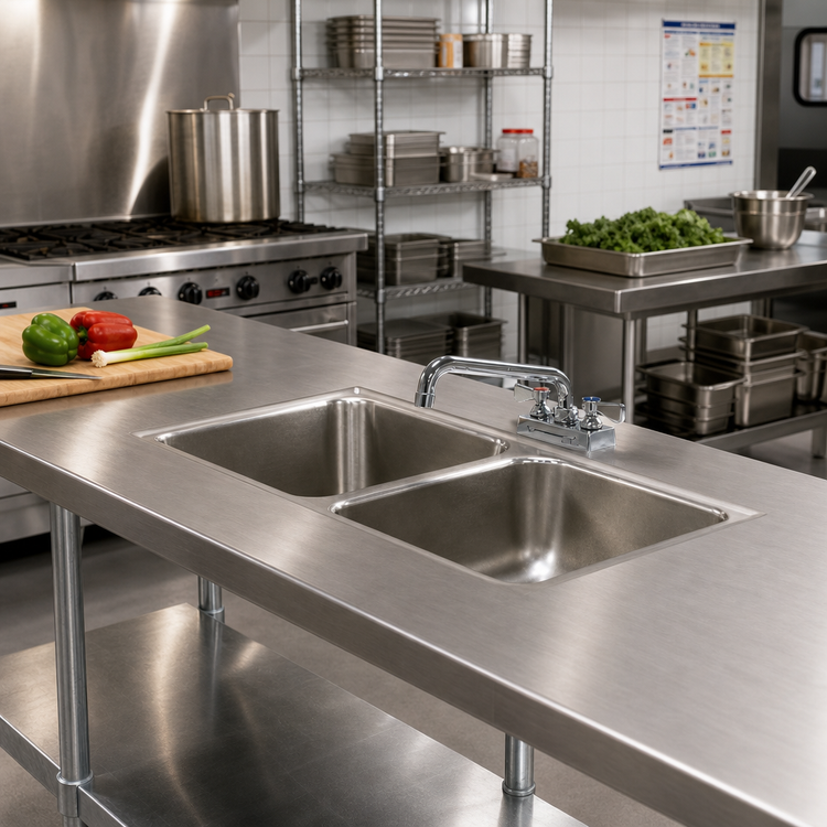 Product image #2 for Advance Tabco Double-Bowl Welded Sink Table Top with Faucet, 20" x 20" x 8" Bowls