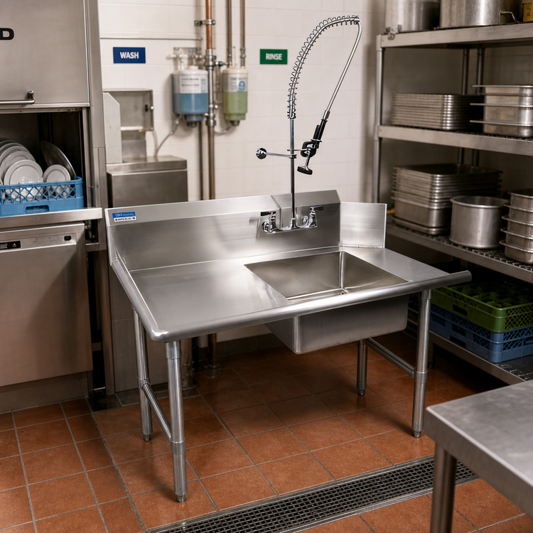 Product image #2 for BK Resources 26-Inch Straight Left-Hand Soiled Dish Table with 20 x 20 x 8 Sink and Pre-Rinse Faucet
