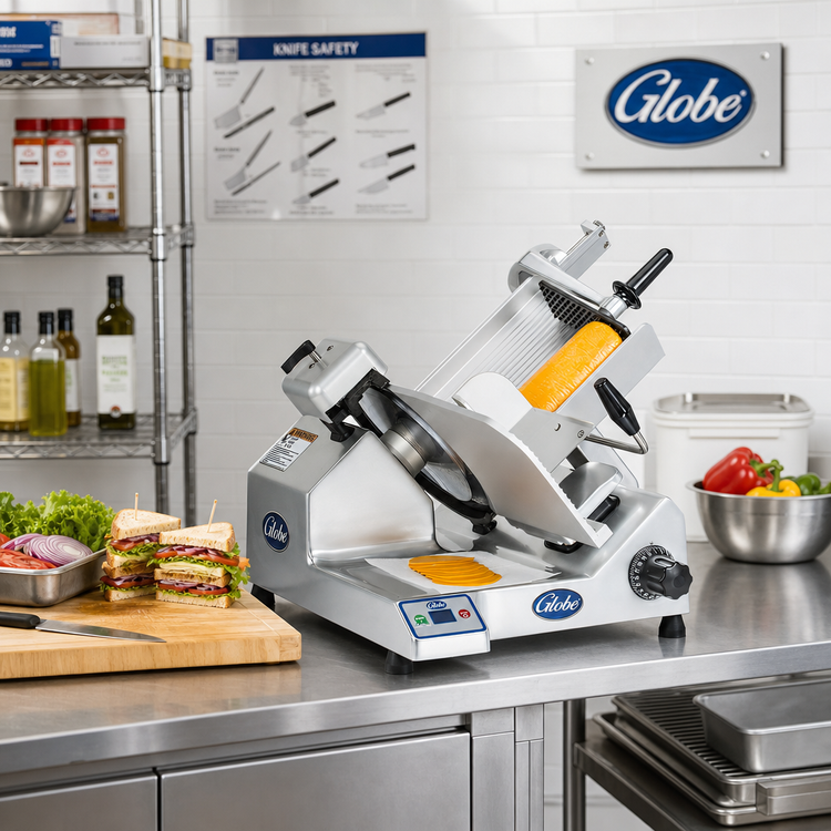 Product image #2 for Globe SG13-07 Premium Heavy-Duty Advanced Countertop Manual Gravity Feed Slicer, 13-Inch Steel Knife, 220V/50Hz