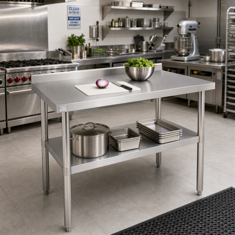 Product image #2 for Klinger's Trading BSG2430 Heavy-Duty 30 x 24 x 38 Inch 18/430 Stainless Steel Work Table with 2-Inch Backsplash and Adjustable Undershelf