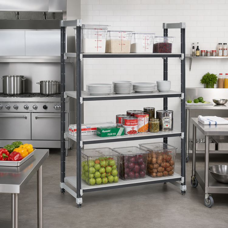 Product image #2 for Cambro Camshelving Elements XTRA 4-Shelf Stationary Starter Unit, 18 x 60 x 84 Inch, Solid Polymer Shelving, Speckled Gray