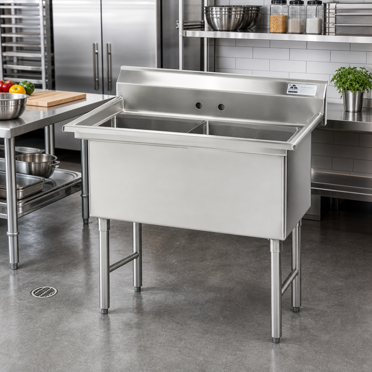 Product image #2 for Advance Tabco 2-Compartment Fabricated Stainless Steel Sink with 18" x 18" x 14" Deep Bowls