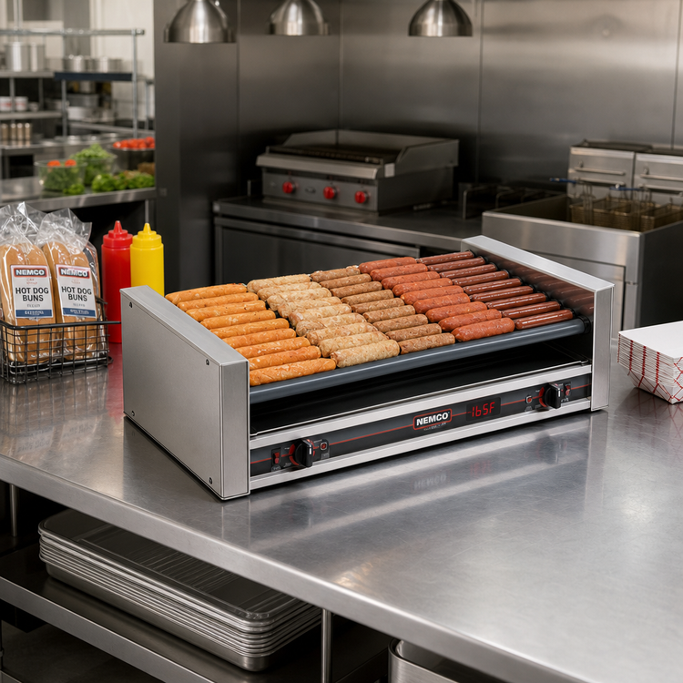 Product image #2 for Nemco Roll-A-Grill Slanted Hot Dog Roller Grill with Digital Temperature Readout, 75 Hot Dog Capacity