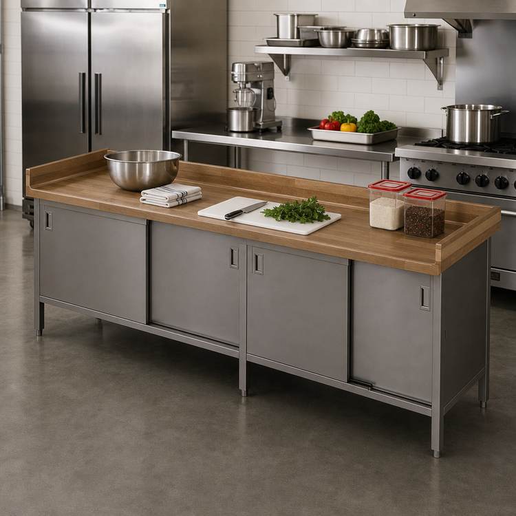 Product image #2 for John Boos 120" x 30" Enclosed Base Wood Top Work Table with Sliding Doors and 4" Coved Riser