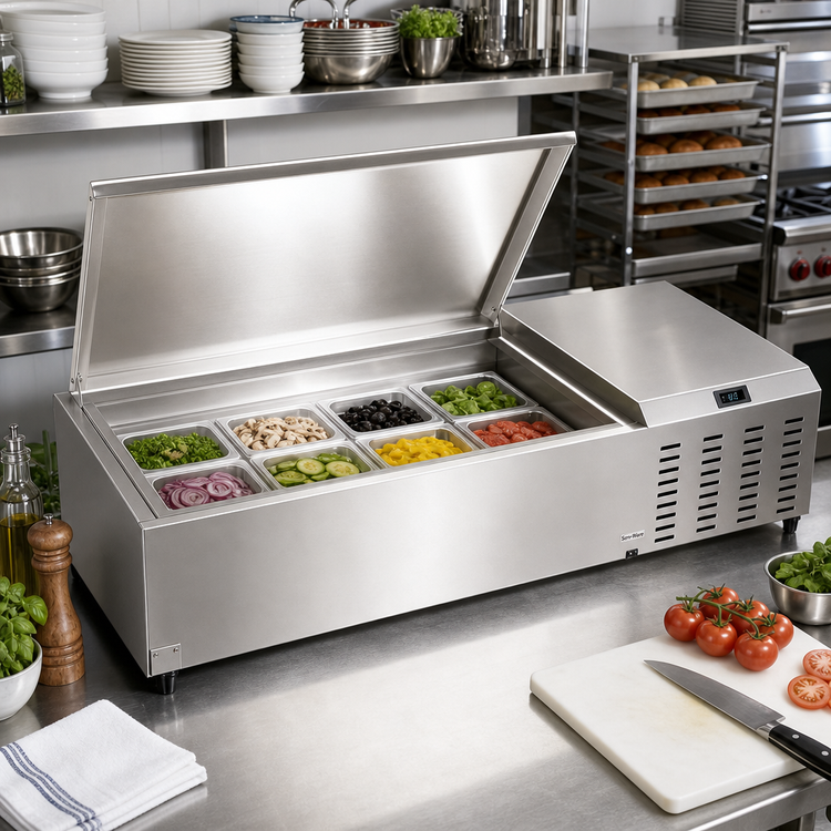 Product image #2 for Serv-Ware 60-Inch Refrigerated Topping Rail with 12 GN 1/6 Pan Capacity, 304 Stainless Steel, 115V