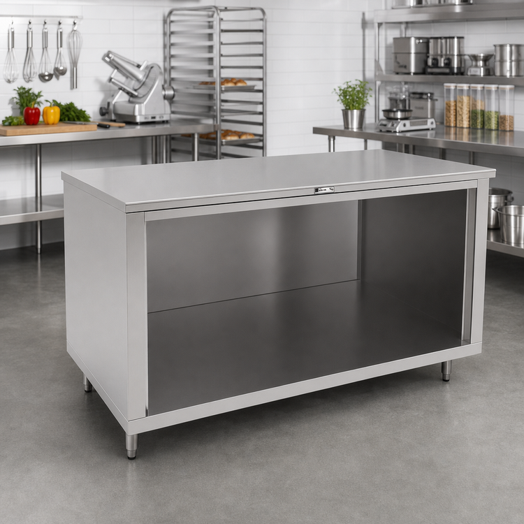 Product image #2 for John Boos 72" x 36" Stainless Steel Cabinet Base Work Table with Open Front, Stallion Safety Edge, and Adjustable Feet