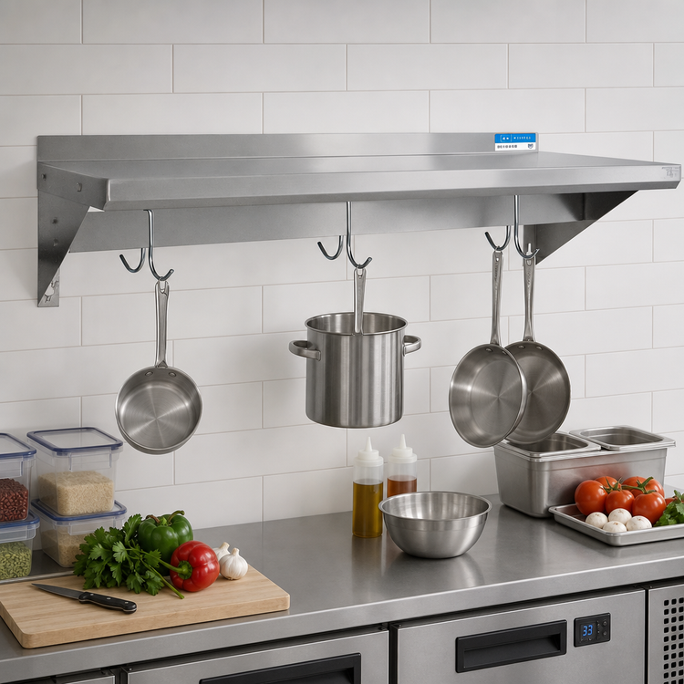 Product image #2 for BK Resources Premium T-304 Stainless Steel Wall-Mount Overshelf with Pot Rack, 72W x 12D