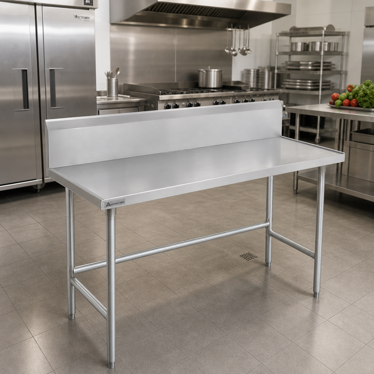 Product image #2 for Advance Tabco 84-Inch x 36-Inch 14-Gauge 304 Stainless Steel Work Table with 10-Inch Backsplash and Galvanized Open Base