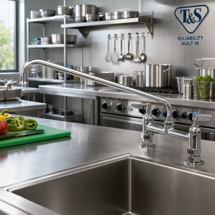 Product image #2 for T&S Brass B-0220 Deck-Mount Double Pantry Mixing Faucet with 18-Inch Swing Nozzle, 8-Inch Centers