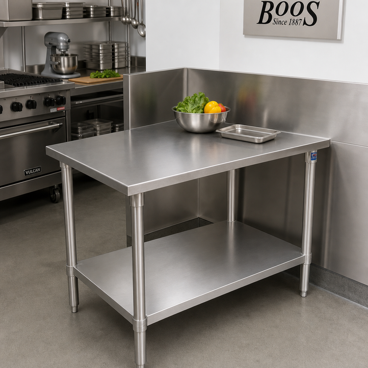 Product image #2 for John Boos Stallion 30 Inch x 30 Inch 14-Gauge Stainless Steel Corner Work Table with Safety Edge and Adjustable Undershelf