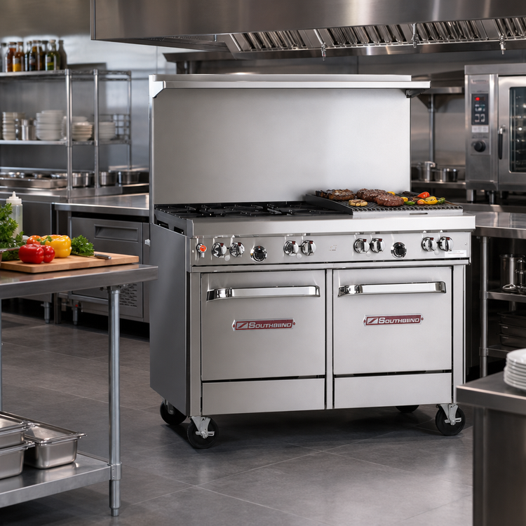 Product image #2 for Southbend Ultimate 48-Inch Gas Restaurant Range with 36-Inch Charbroiler, Convection Oven and Cabinet Base