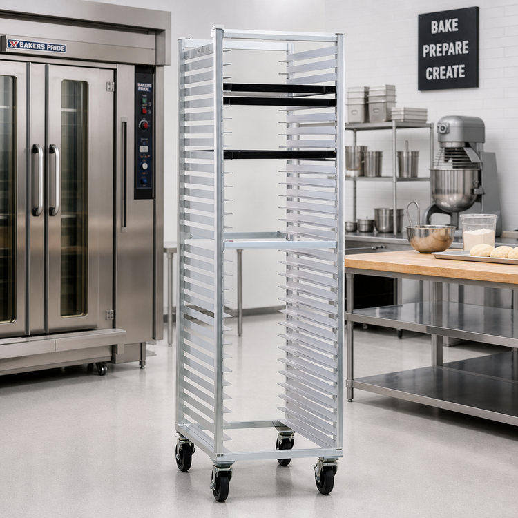 Product image #2 for Mobile Full-Height End-Loading Aluminum Bun Pan Rack, 30-Pan Capacity