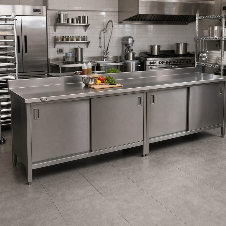 Product image #2 for John Boos Enclosed Work Table with Cabinet Base and Hinged Doors, 144" x 30" Stainless Steel Top with 5" Backsplash