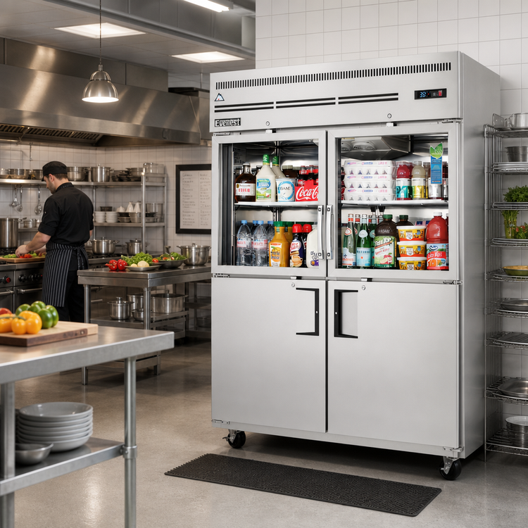 Product image #2 for Everest Refrigeration Two-Section Reach-In Refrigerator with Combination Half Glass and Solid Hinged Doors, 55 Cu. Ft., 59 Inches Wide