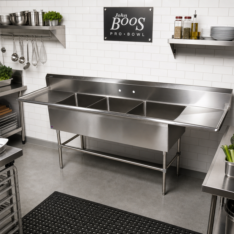 Product image #2 for John Boos Pro-Bowl 3-Compartment Sink with Left and Right Drainboards, 18" x 24" Bowls, 12" Deep