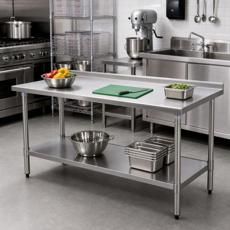 Product image #2 for Spec-Master 60"W x 24"D 14-Gauge 300 Series Stainless Steel Work Table with 1-1/2" Rear Up-Turn and Adjustable Undershelf