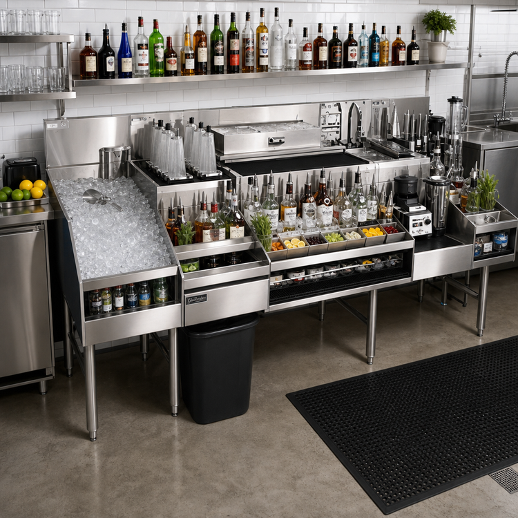 Product image #2 for Glastender 66-Inch All-In-One Underbar Ice Bin/Cocktail Station with 42-Inch Combo Ice Bin, 10-Circuit Cold Plate, Sink, and Blender Shelf
