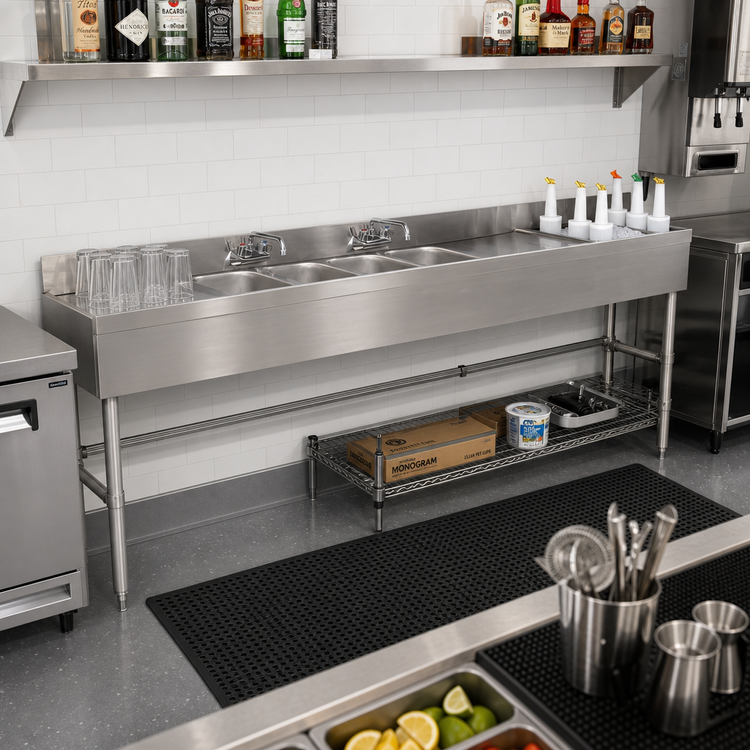 Product image #2 for Advance Tabco Underbar Basics 96-Inch Stainless Steel 3-Bowl Bar Sink and Ice Bin Combo with Right-Side Ice Bin and Splash-Mount Faucet