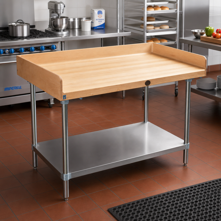Product image #2 for Advance Tabco Bakers' Top Work Table with 1-3/4 Inch Wood Top, 4 Inch Rear and Side Splashes, Stainless Steel Undershelf, 60 x 36 Inches