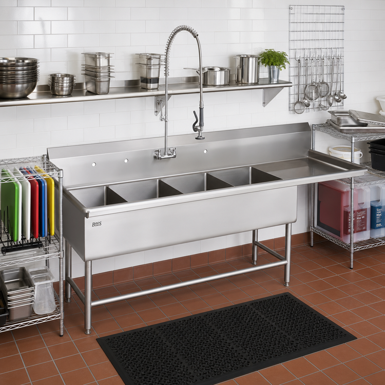 Product image #2 for John Boos Pro-Bowl 4-Compartment Sink with Right Drainboard, 24" x 24" Bowls, 14-Gauge Stainless Steel