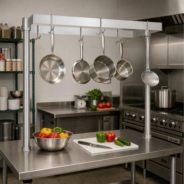 Product image #2 for BK Resources APQ-36 Adjustable 360-Degree Table-Mounted Stainless Steel Pot Rack, 36 Inch W x 50 Inch H