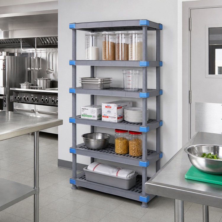 Product image #2 for Millenia Stationary Starter Polymer Shelving Unit with 5 Open Grid Shelves, Gray, 54 x 21 x 74 Inches