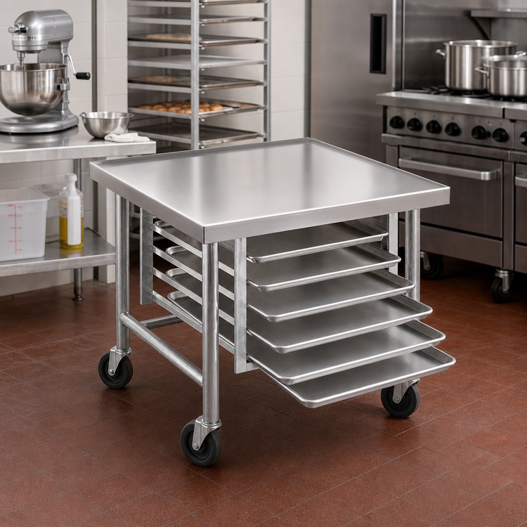 Product image #2 for Advance Tabco Mobile Mixer Table with Tray Slides and 6-Pan Rack, 36 Inch x 30 Inch x 28 Inch, 304 Stainless Steel Top, Galvanized Base