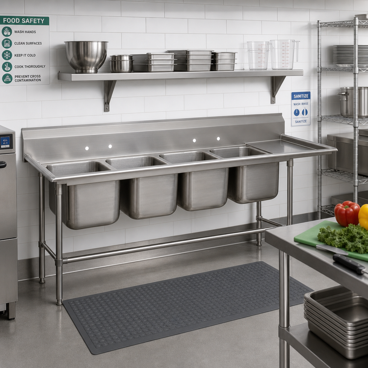 Product image #2 for Advance Tabco Regaline 4-Compartment Sink with Right-Hand Drainboard, 28 x 20 Inch Compartments, 14-Gauge 304 Stainless Steel