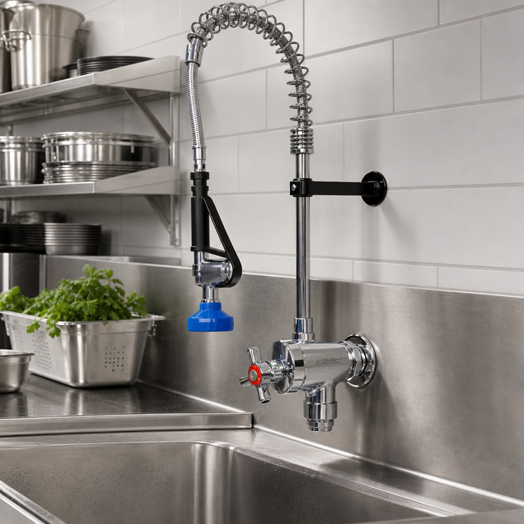 Product image #2 for Fisher Wall-Mount Single-Inlet Pre-Rinse Faucet with Cross Handle and Spray Head