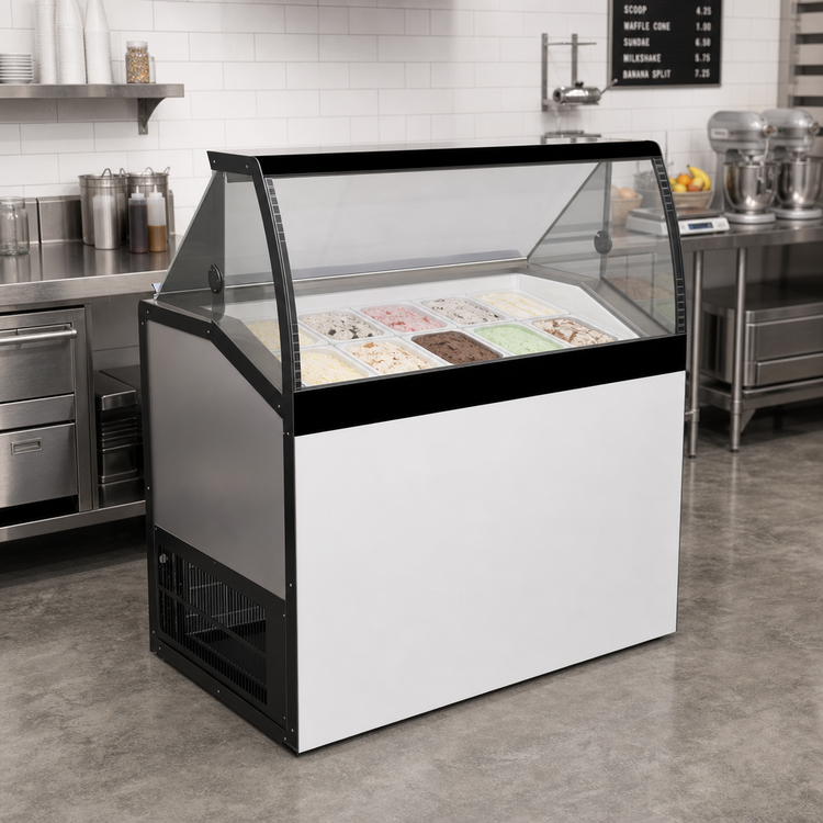 Product image #2 for Master-Bilt DD-46LCG Low Curved Glass Ice Cream Dipping/Display Merchandiser Freezer, 8 Display / 4 Storage Tubs