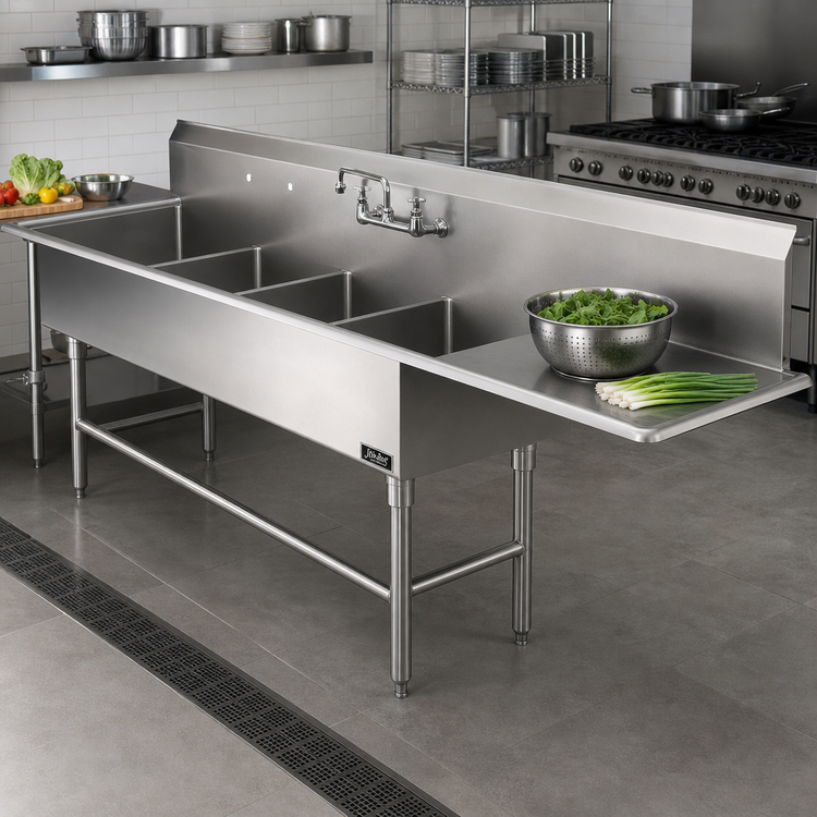 Product image #2 for John Boos Pro-Bowl 4-Compartment Stainless Steel Sink with Right Drainboard, 20" x 20" Bowls, 14" Deep