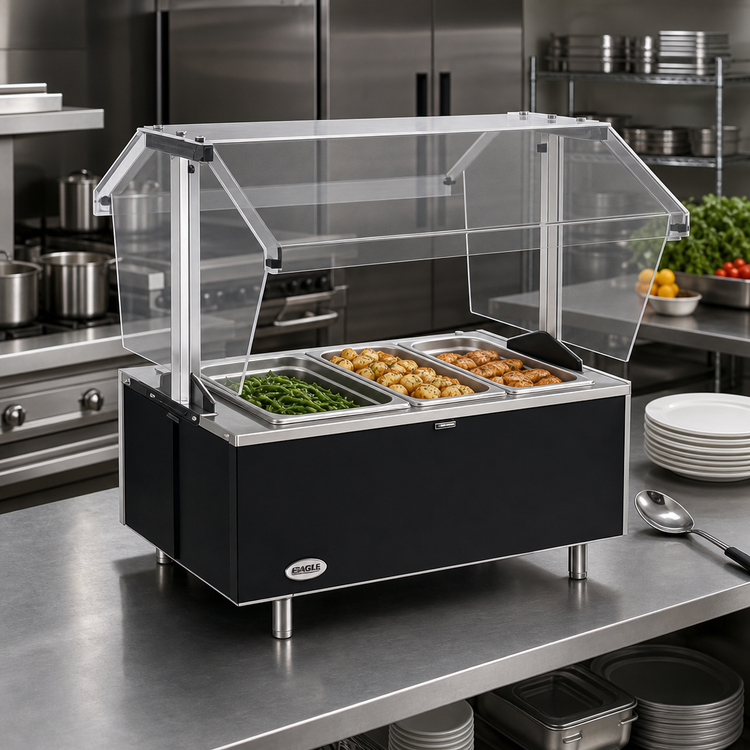 Product image #2 for Eagle Service Mate Deluxe 3-Well Tabletop Buffet Hot Food Table with Double-Sided Sneeze Guard, 48 Inch, 208V, 3-Phase