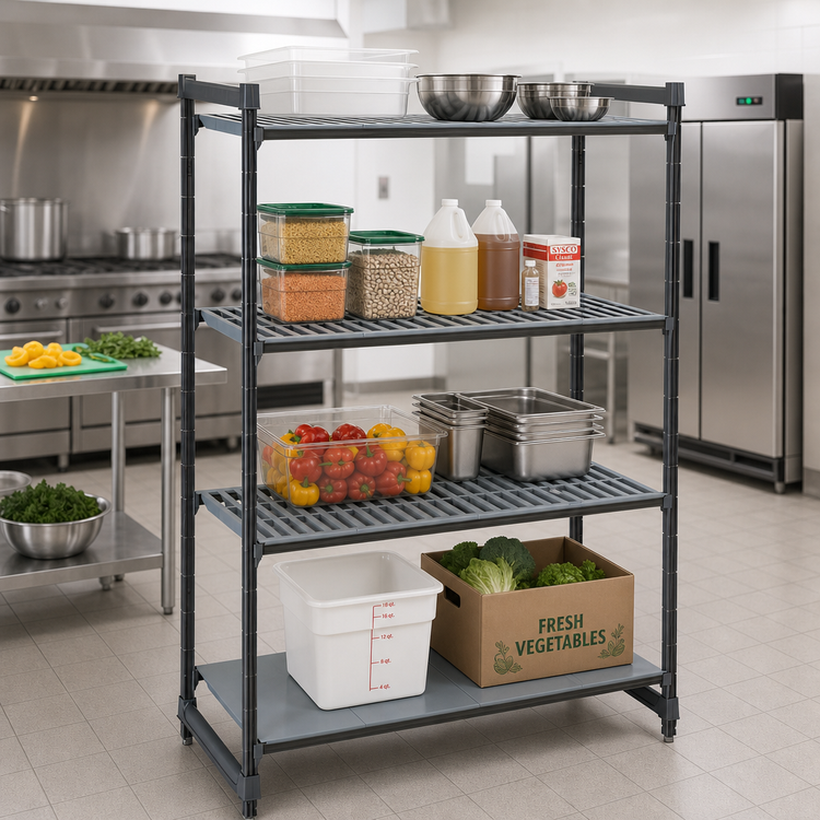 Product image #2 for Cambro Camshelving Basics Plus 4-Tier Stationary Starter Polymer Shelving Unit, 24 x 60 x 84 Inches, 3 Vented + 1 Solid, Brushed Graphite
