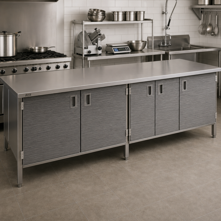Product image #2 for John Boos Enclosed Work Table with Cabinet Base and Hinged Doors, 96 x 30 Inches, 14-Gauge 300 Series Stainless Steel Flat Top