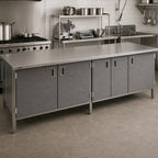 Thumbnail image #2 for John Boos EBHS4-3096 Enclosed Stainless Steel Work Table with Hinged Cabinet Doors, 96 x 30 Inches, 14-Gauge 300 Series Flat Top