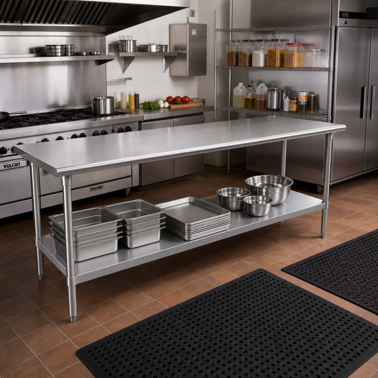 Product image #2 for Advance Tabco 144-Inch x 24-Inch 16-Gauge 430 Stainless Steel Flat Top Work Table with Adjustable Undershelf and Galvanized Base