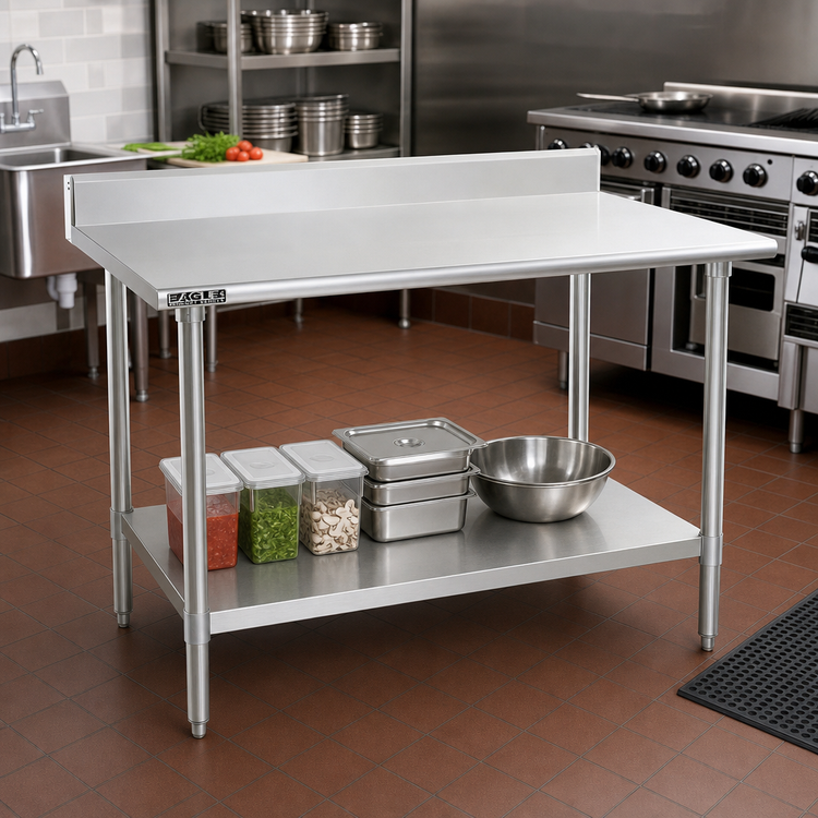 Product image #2 for Eagle Group Budget Series 84-Inch x 36-Inch Work Table with 4-1/2-Inch Backsplash, 430 Stainless Steel Top, and Adjustable Undershelf