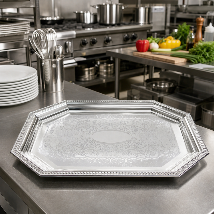 Product image #2 for Winco 20 x 14 Inch Octagonal Chrome Plated Serving Tray with Gadroon Edge