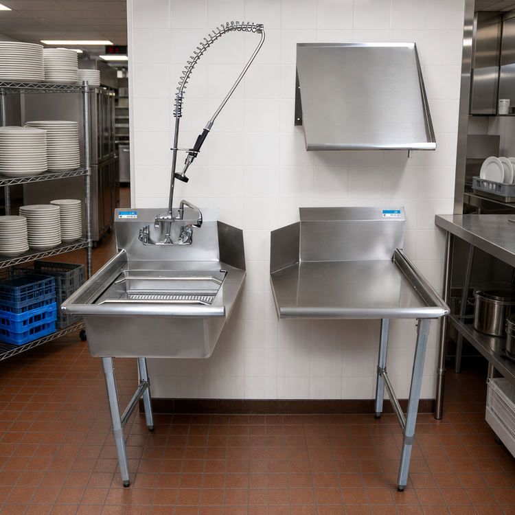 Product image #2 for BK Resources 48-Inch Left-to-Right Dish Table Kit with Clean and Soiled Tables, Slant Shelf, and Pre-Rinse Unit