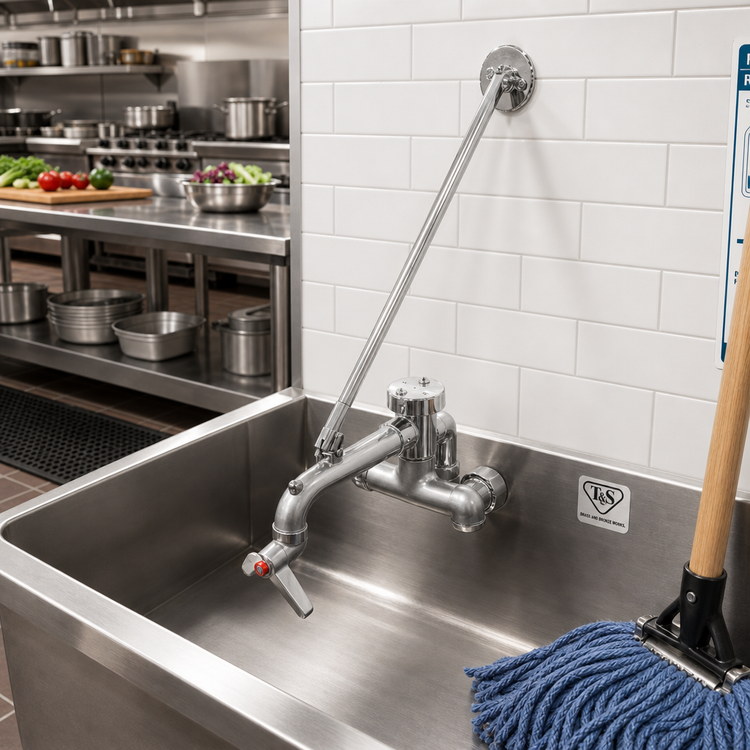 Product image #2 for T&S Brass Deck-Mount Mop Sink Faucet with Vacuum Breaker, 6-Inch Rigid Spout and Wall Brace, Polished Finish