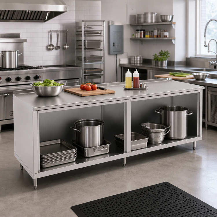 Product image #2 for John Boos Modular Base Work Table, Open Front, 108 Inches x 24 Inches, 16 Gauge Stainless Steel Top, 1-1/2 Inch Rear Riser